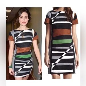 derek lam brown & black geometric colorblock short sleeve mini sheath dress